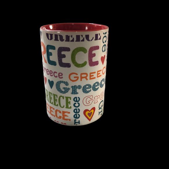Souvenir of Greece Coffee Mug, Tall Cup, Red Lined w/Hearts - Picture 4 of 7